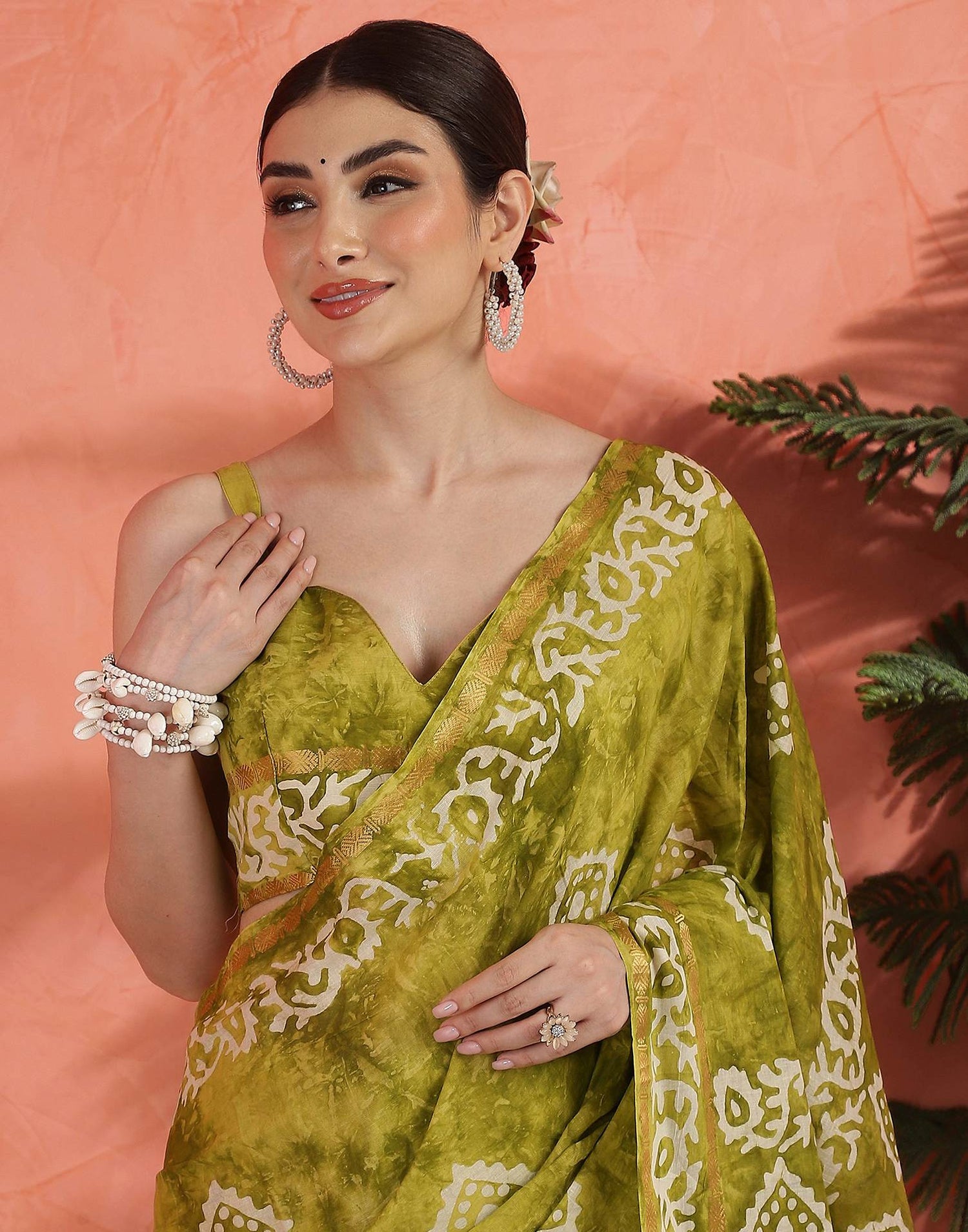 Mustard Green Cotton Printed Saree