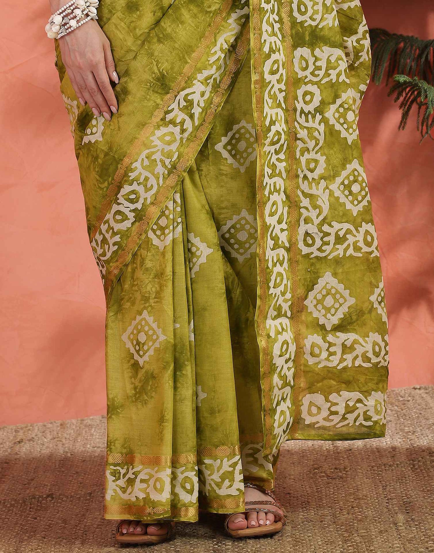 Mustard Green Cotton Printed Saree