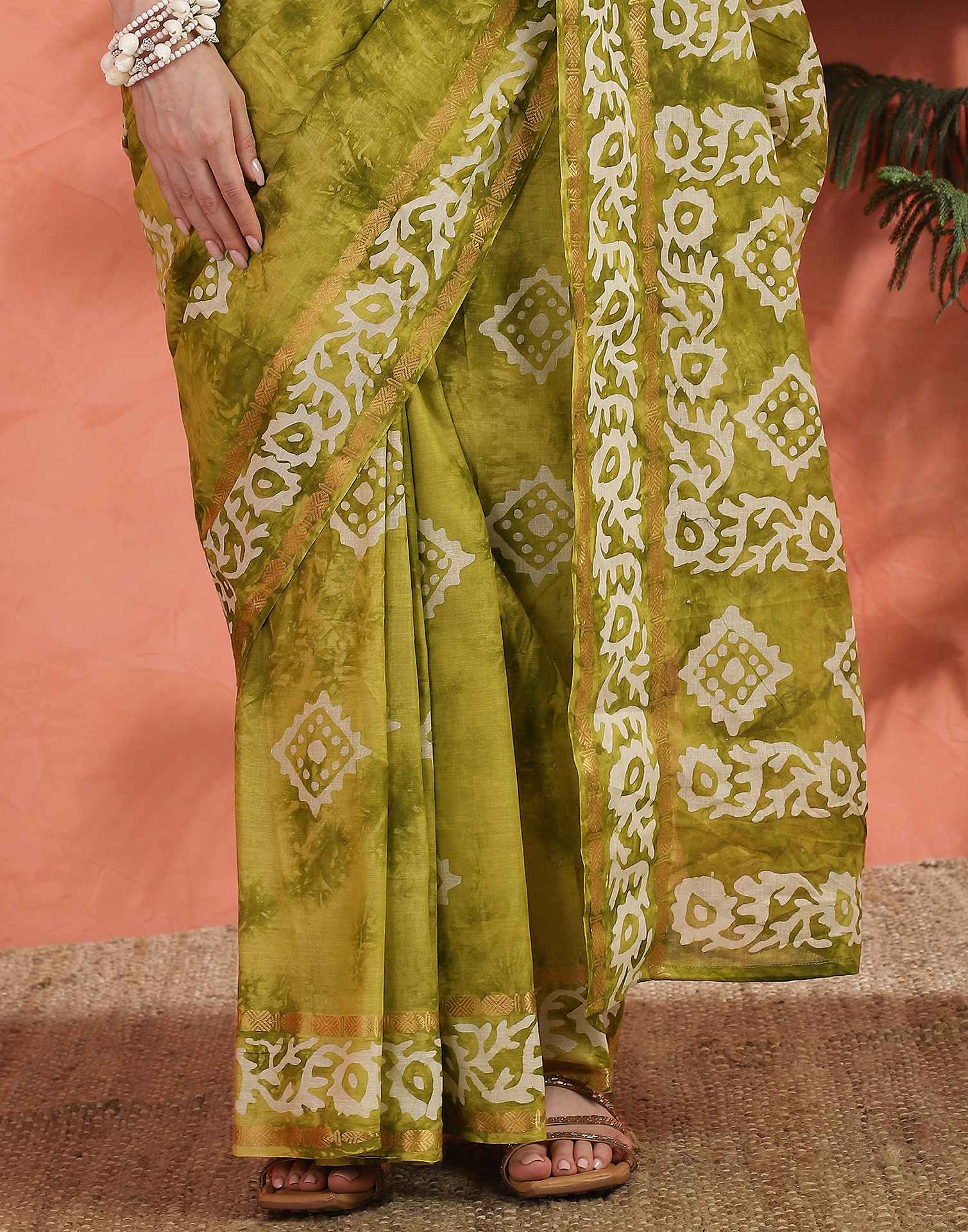 Mustard Green Cotton Printed Saree