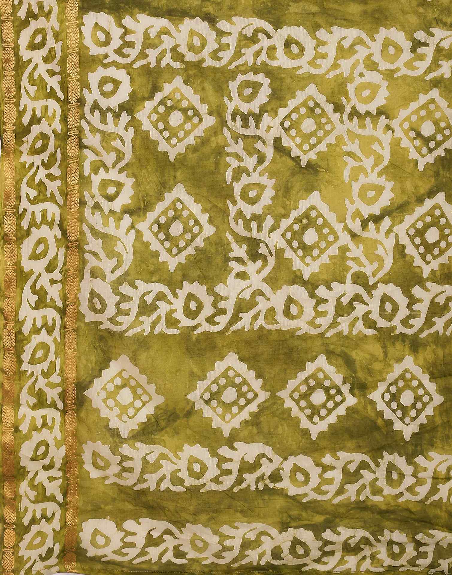 Mustard Green Cotton Printed Saree