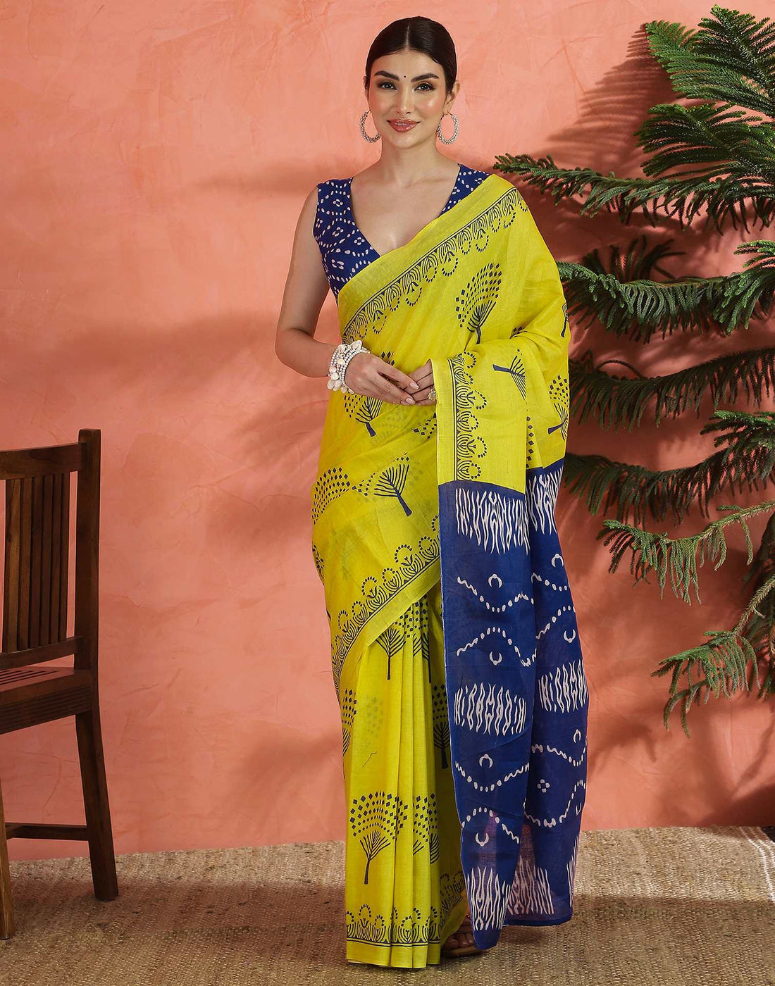 Bright Yellow Cotton Printed Saree