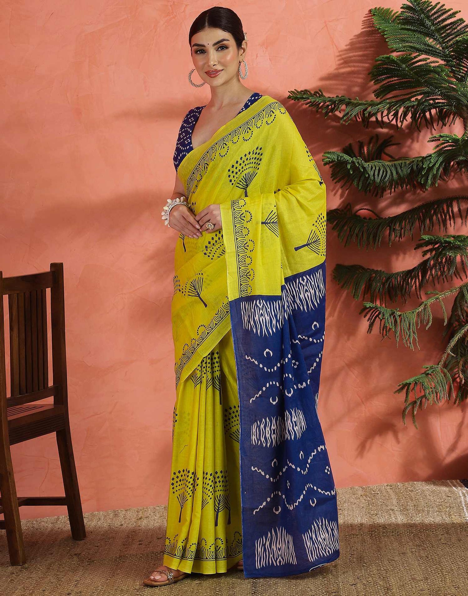 Bright Yellow Cotton Printed Saree