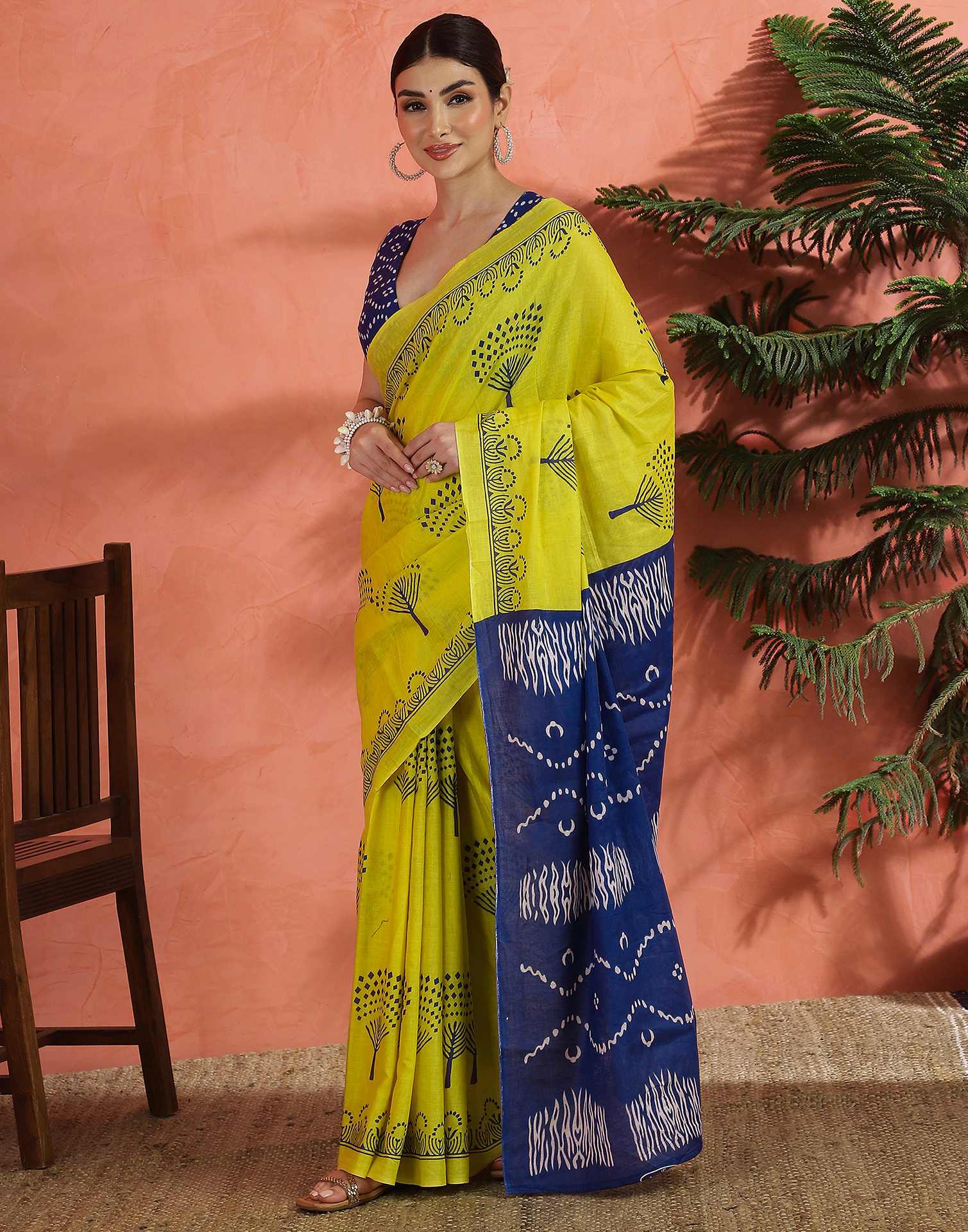 Bright Yellow Cotton Printed Saree