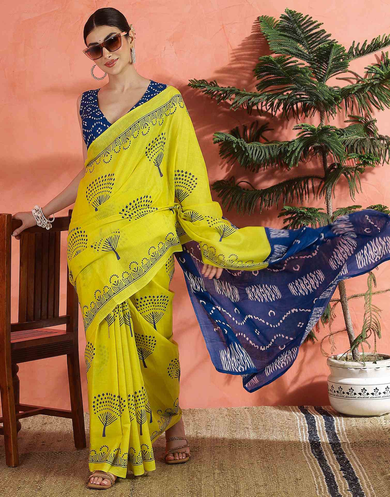 Bright Yellow Cotton Printed Saree
