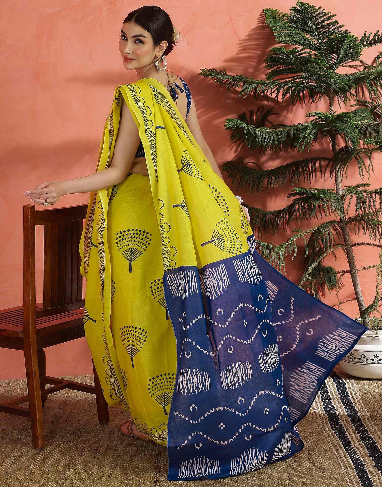Bright Yellow Cotton Printed Saree