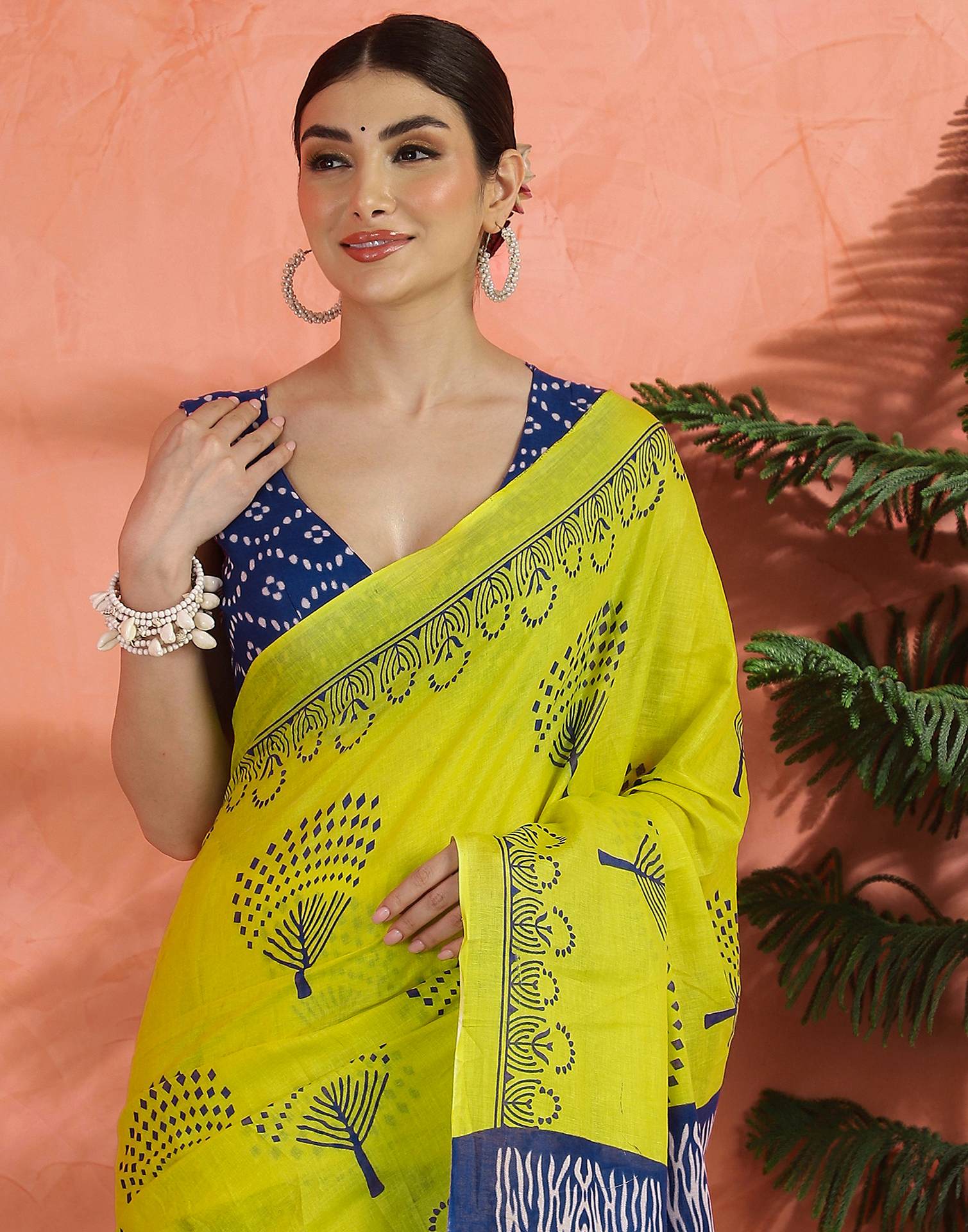 Bright Yellow Cotton Printed Saree