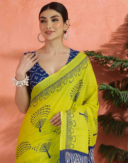 Bright Yellow Cotton Printed Saree