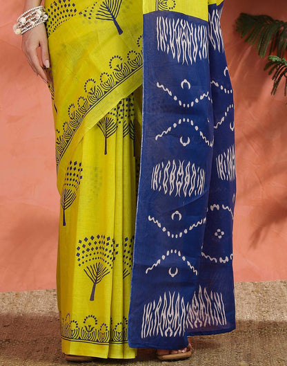 Bright Yellow Cotton Printed Saree
