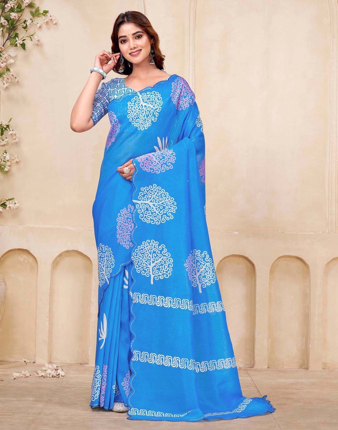 Blue Chanderi Printed Saree
