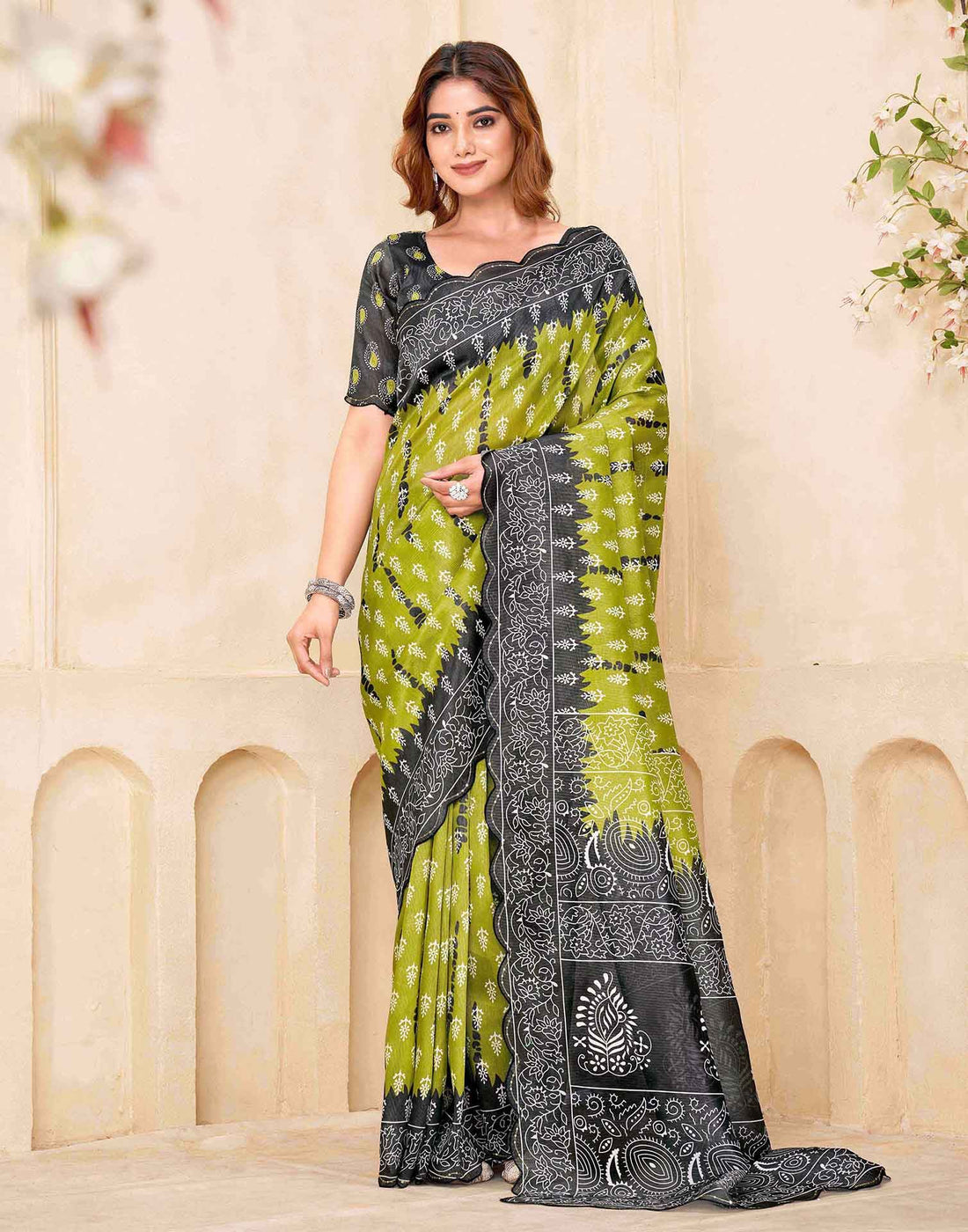 Olive Green Chanderi Printed Saree