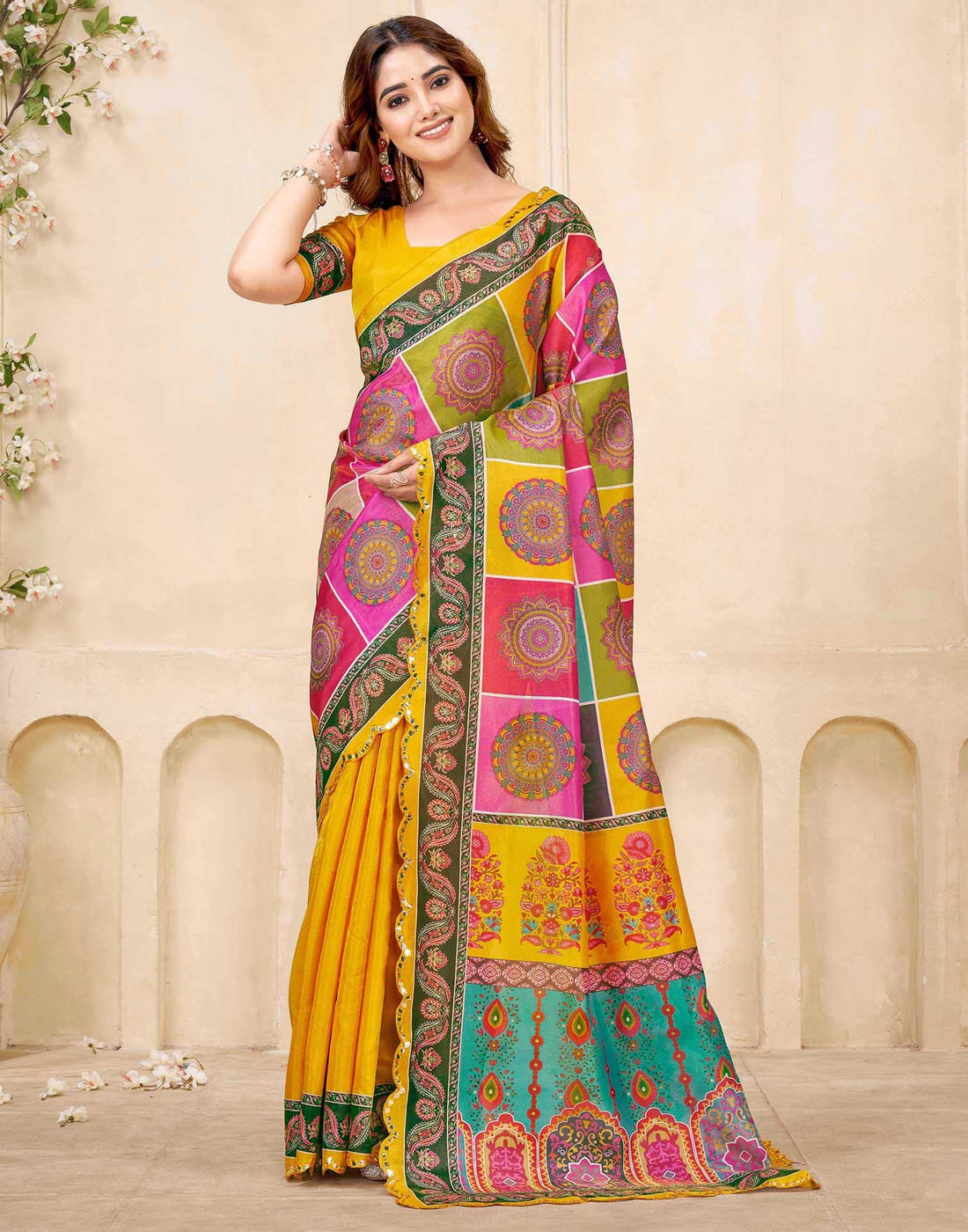 Mustard Yellow Chanderi Printed Saree