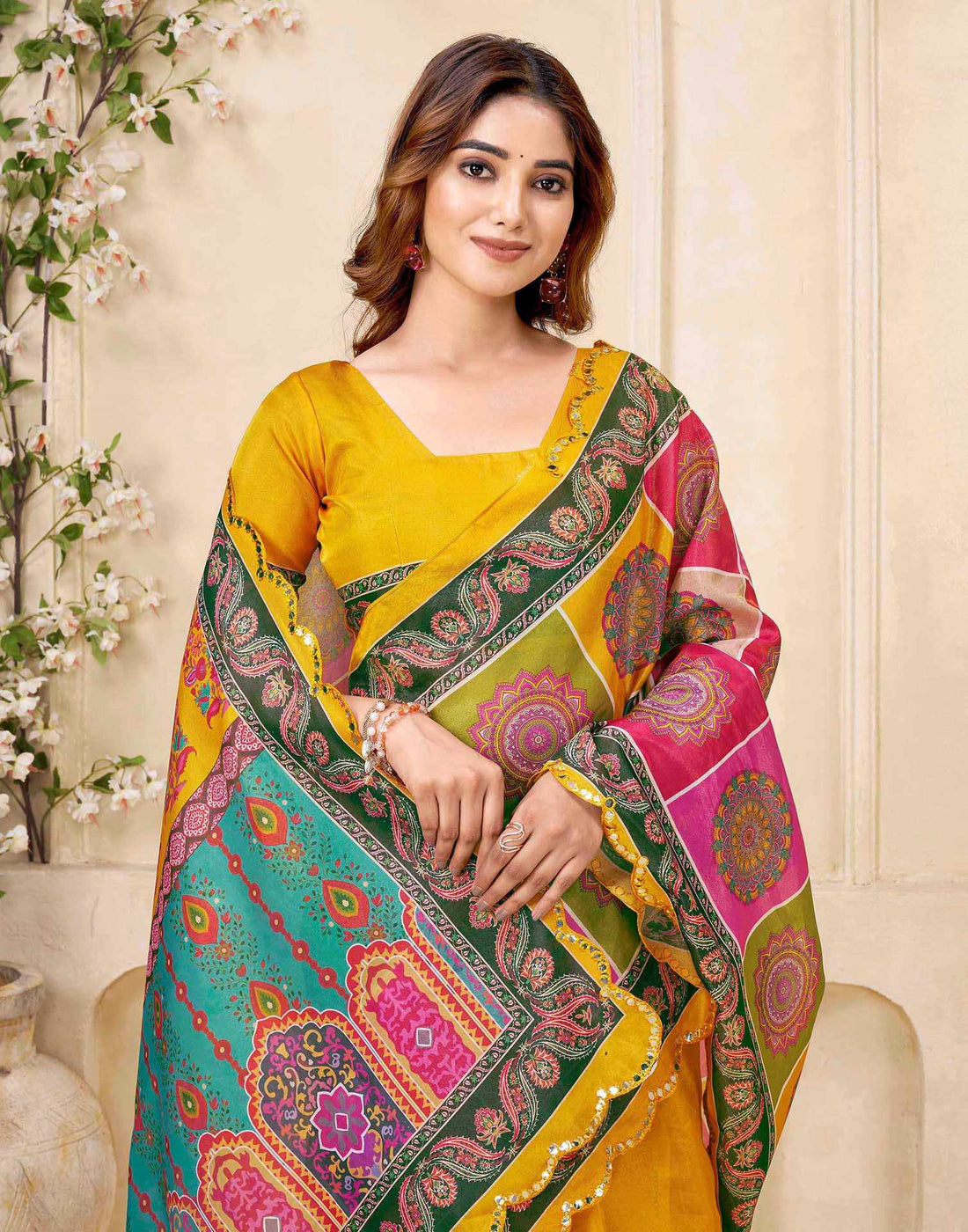 Mustard Yellow Chanderi Printed Saree