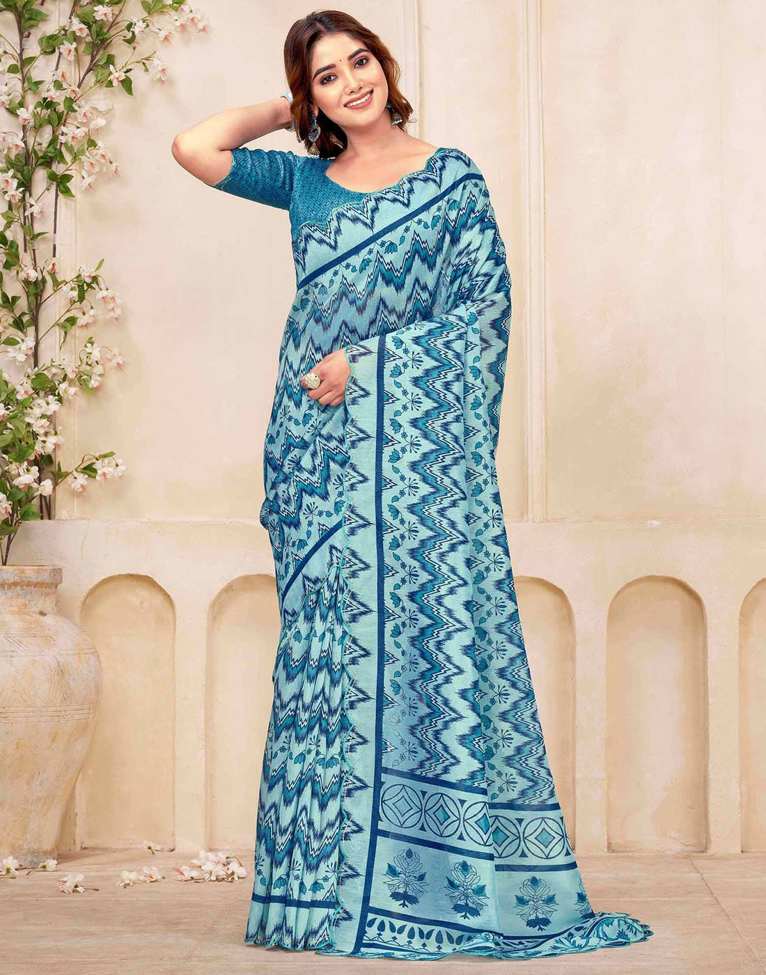 Sky Blue Chanderi Printed Saree