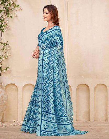 Sky Blue Chanderi Printed Saree