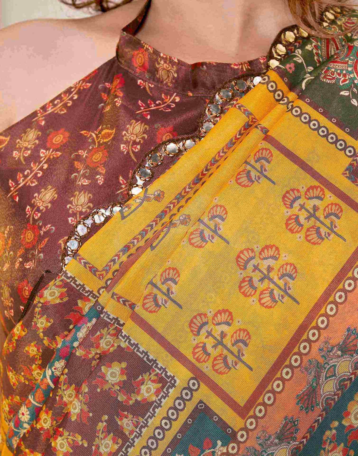 Mustard Yellow Chanderi Printed Saree