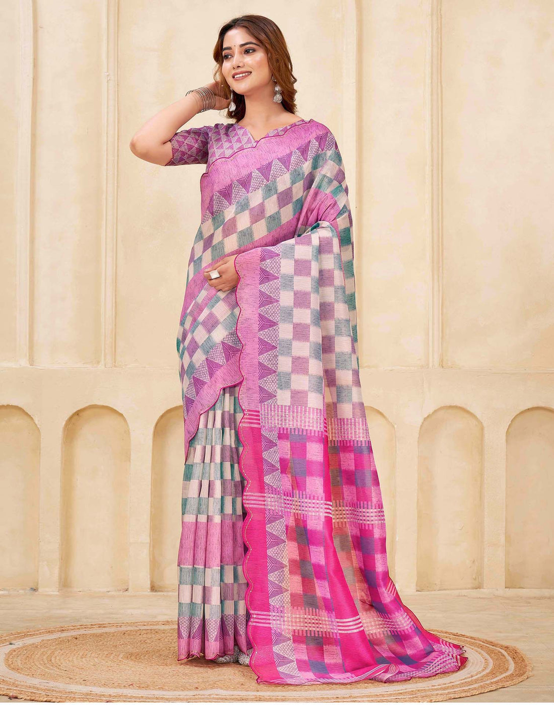 Pink Chanderi Printed Saree