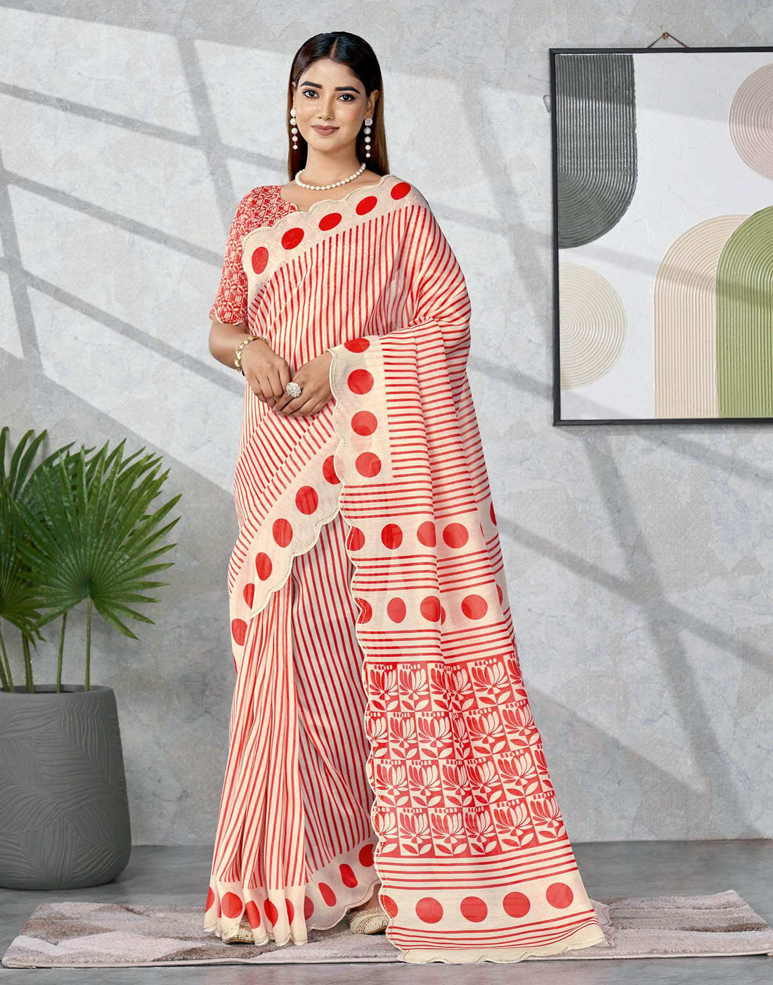 Off White Chanderi Printed Saree