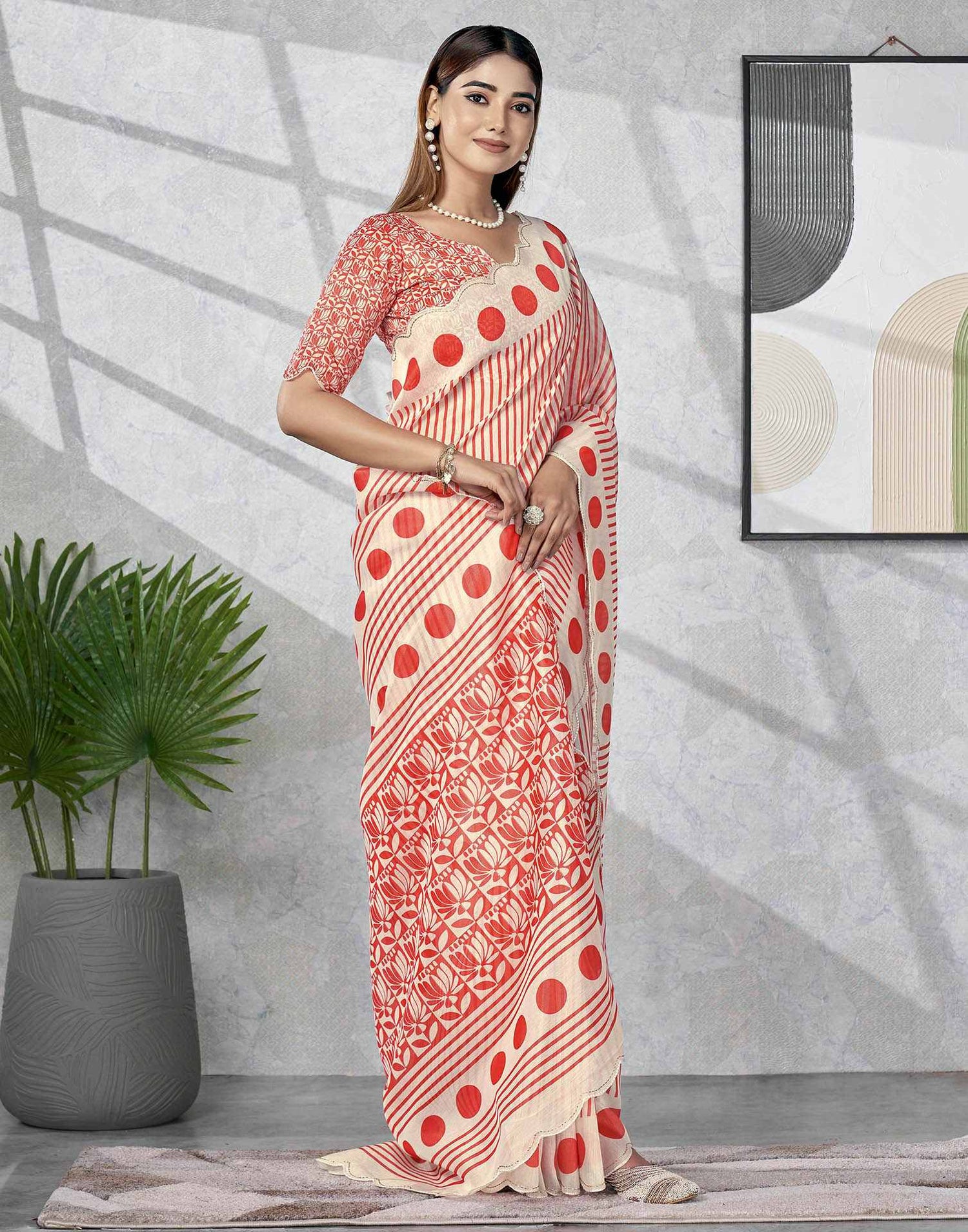 Off White Chanderi Printed Saree