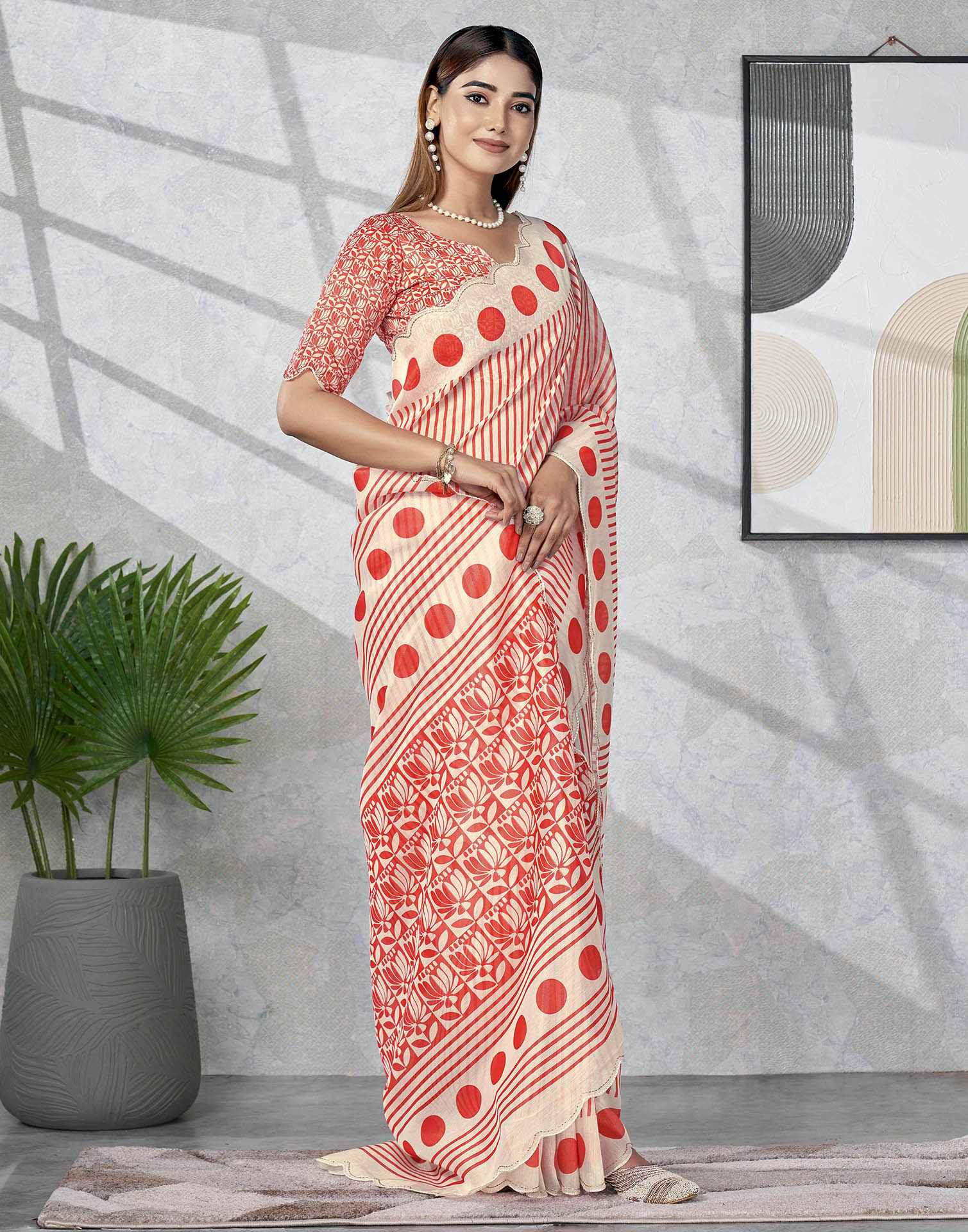 Off White Chanderi Printed Saree