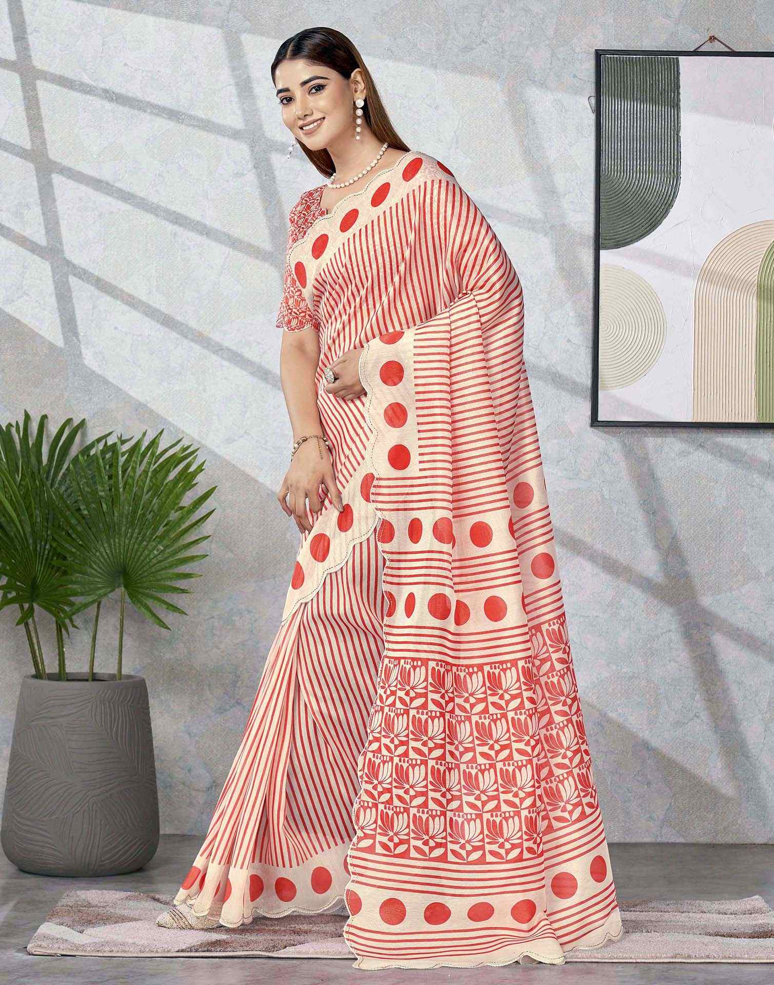 Off White Chanderi Printed Saree