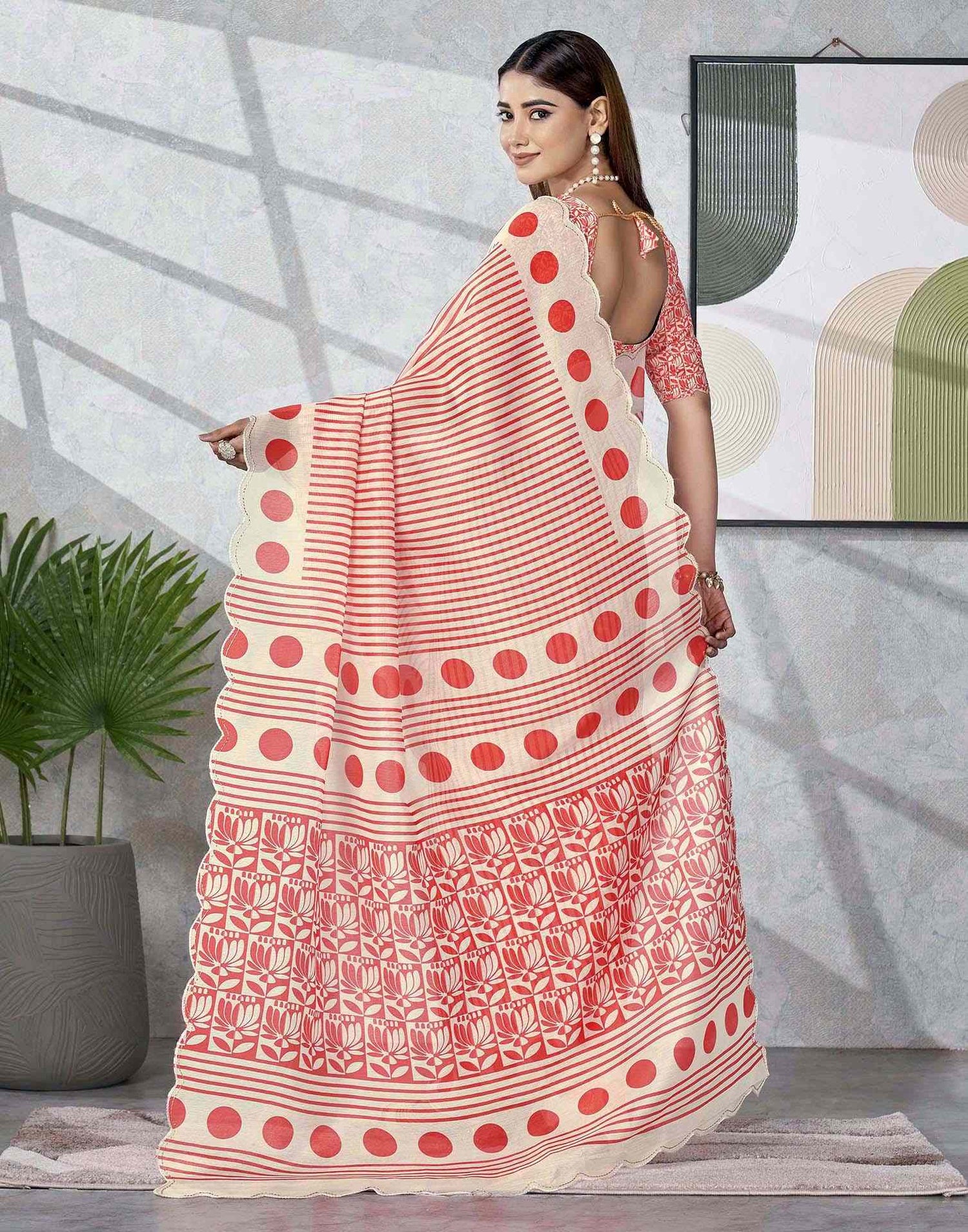 Off White Chanderi Printed Saree