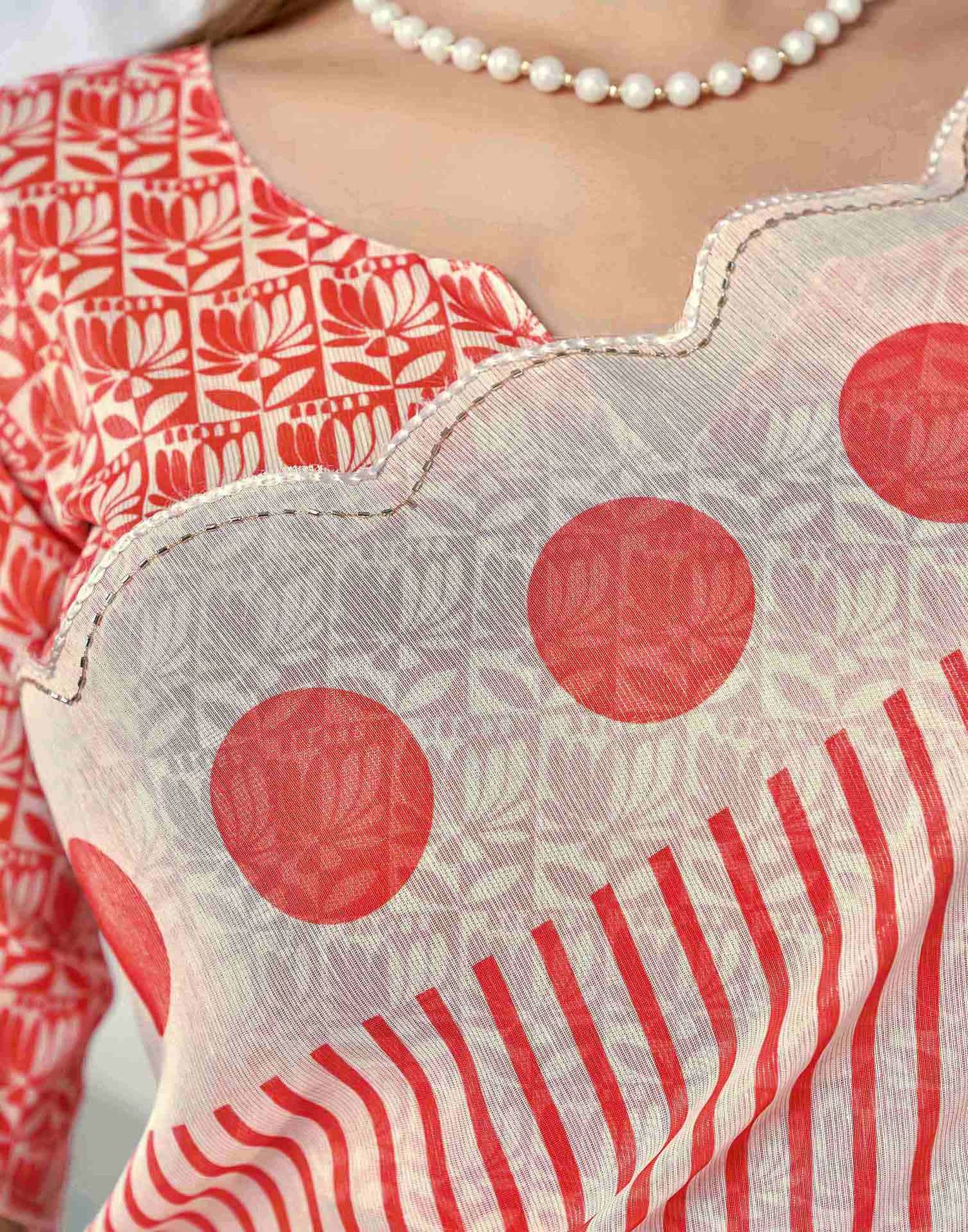Off White Chanderi Printed Saree