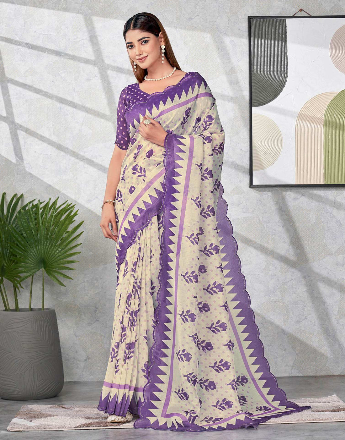 Off White Chanderi Printed Saree