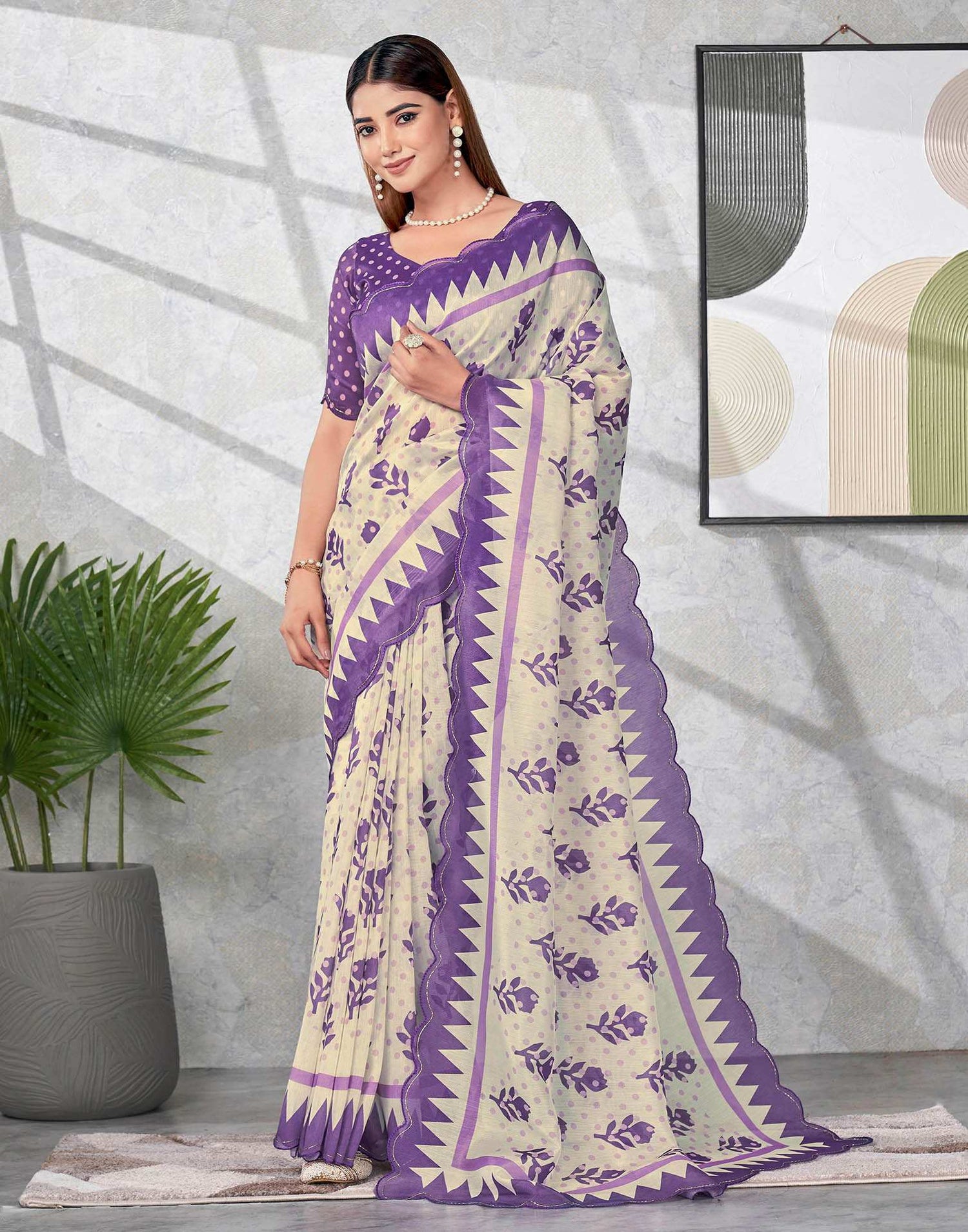 Off White Chanderi Printed Saree