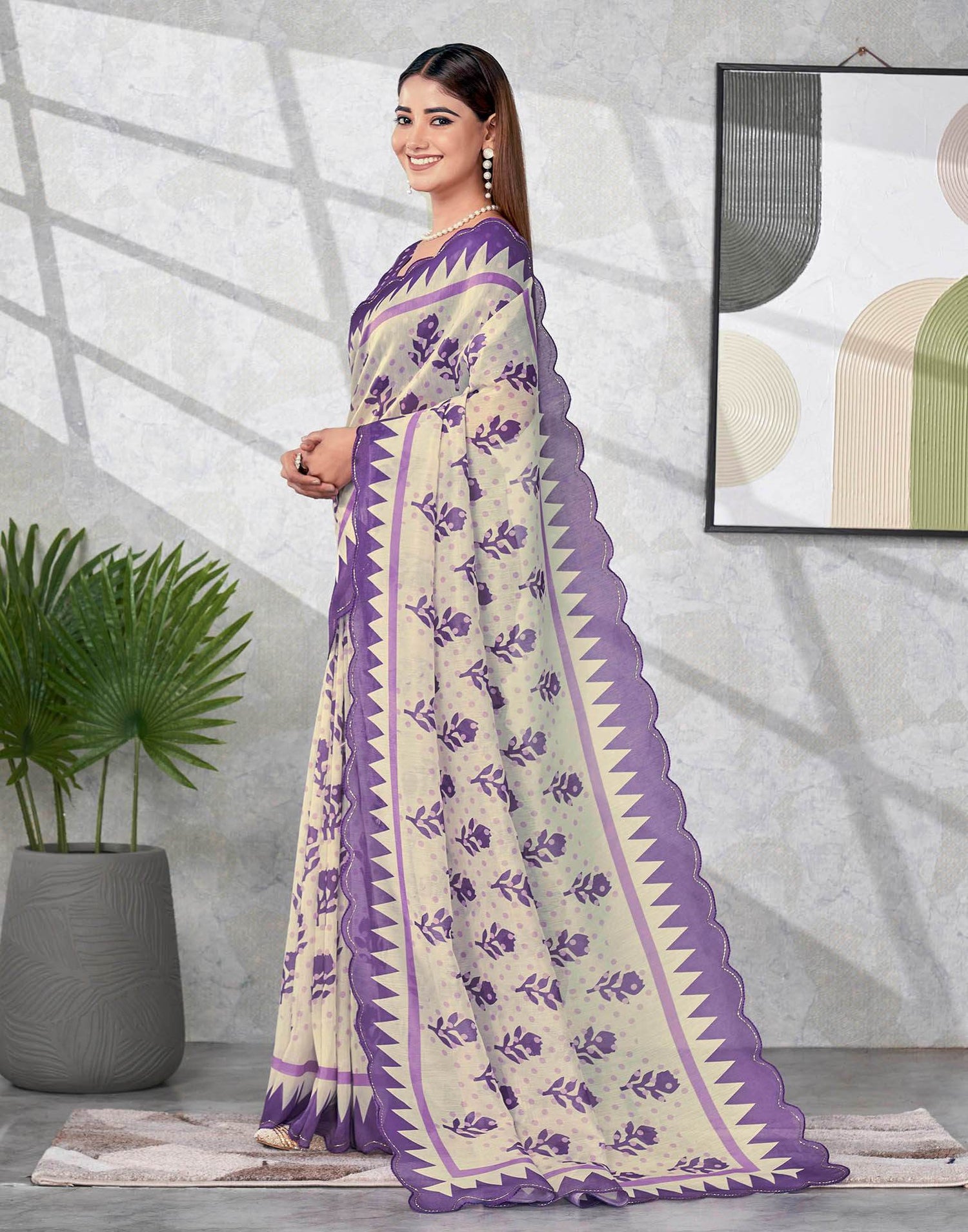 Off White Chanderi Printed Saree