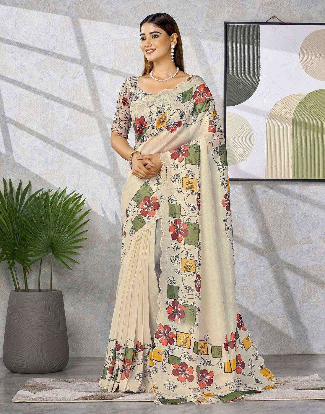 Cream Chanderi Printed Saree