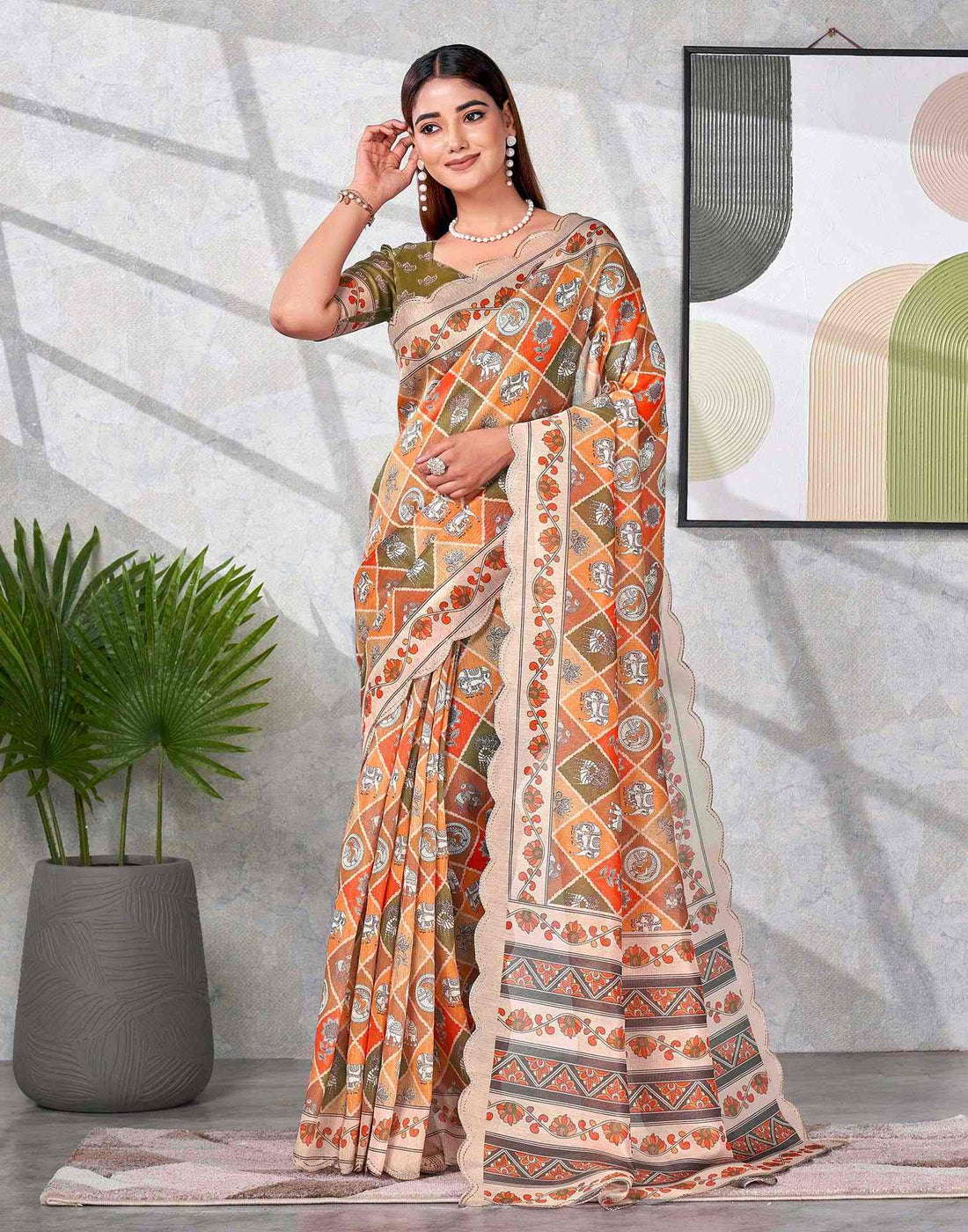 Peach Chanderi Printed Saree