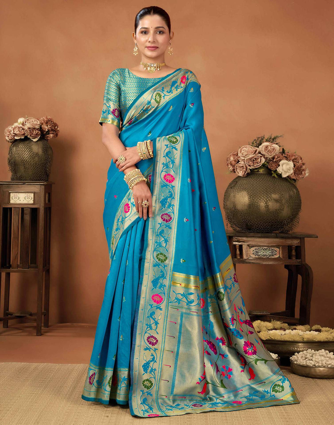 Teal Blue Silk Woven Paithani Saree