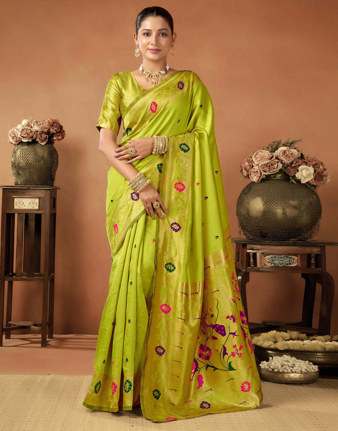 Lime Green Silk Woven Paithani Saree