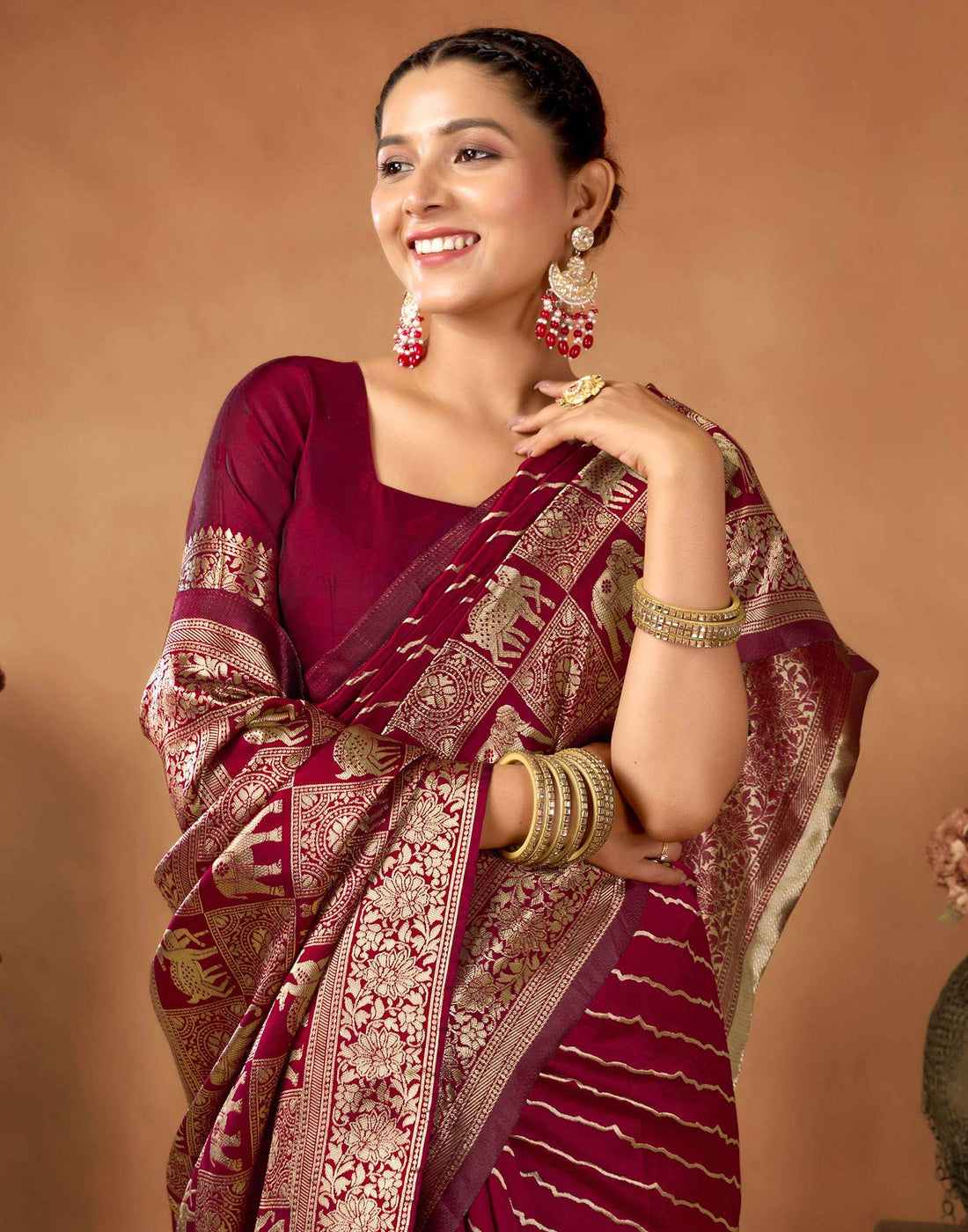 Maroon Silk Woven Saree