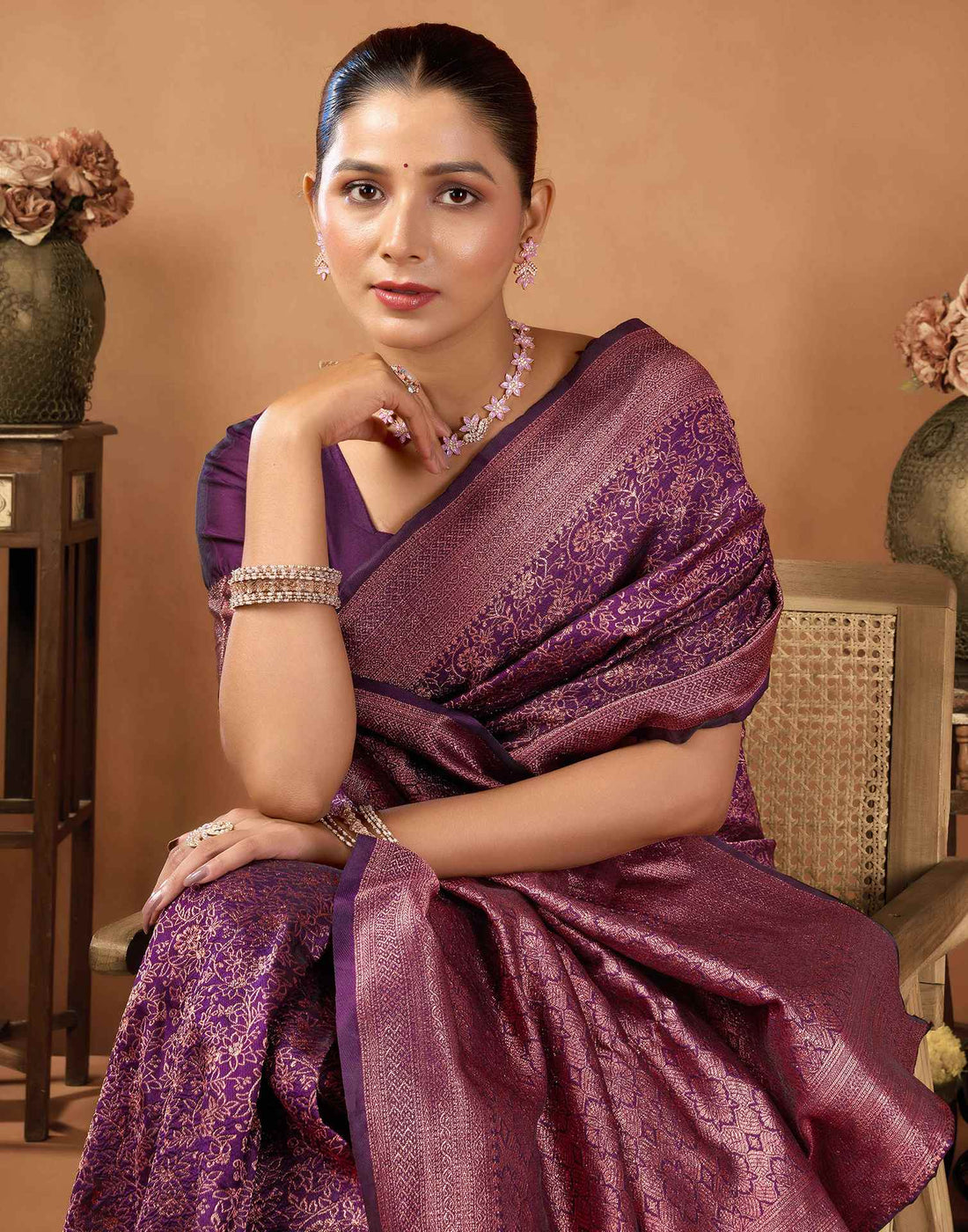 Wine Silk Woven Saree