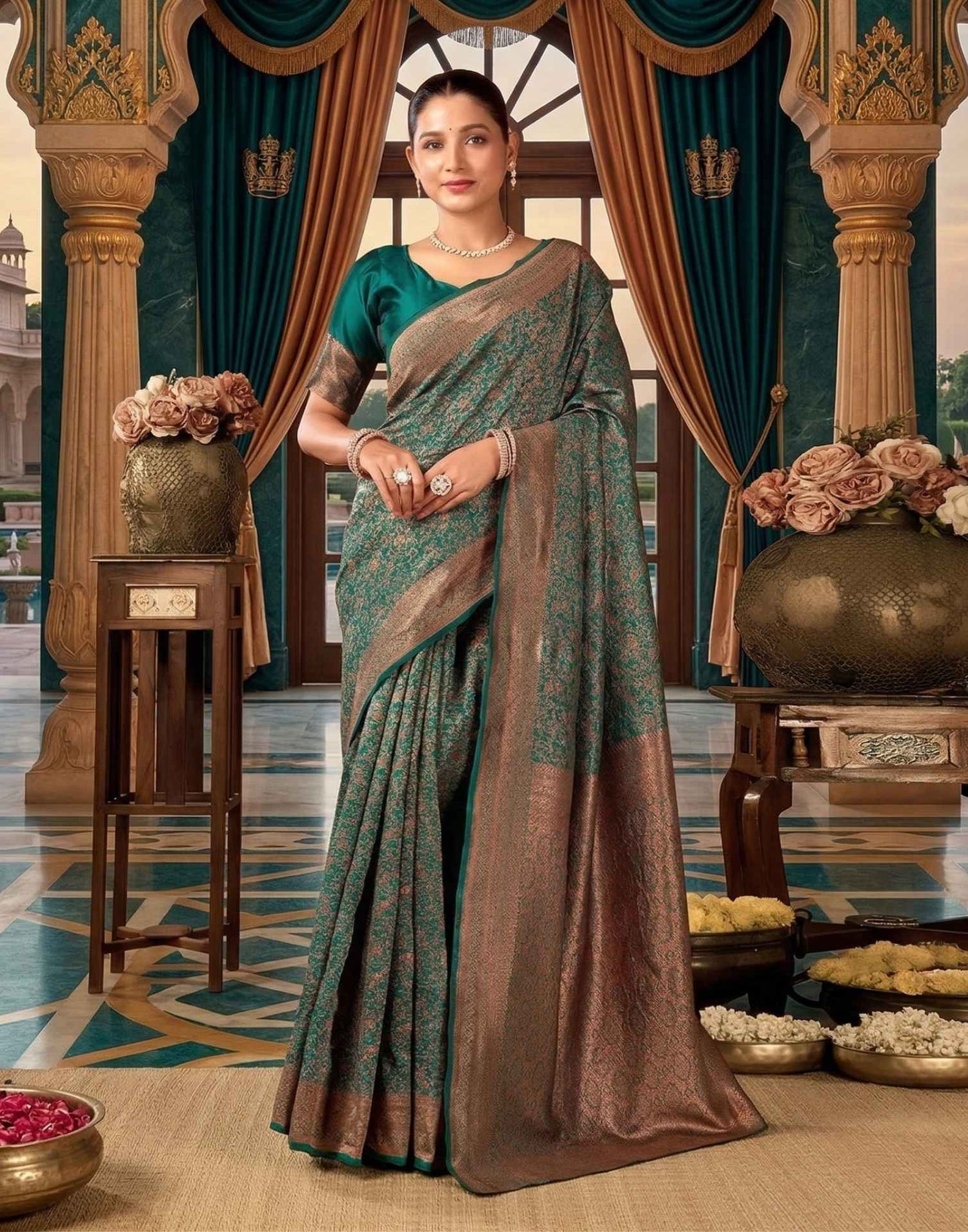 Rama Green Silk Woven Saree