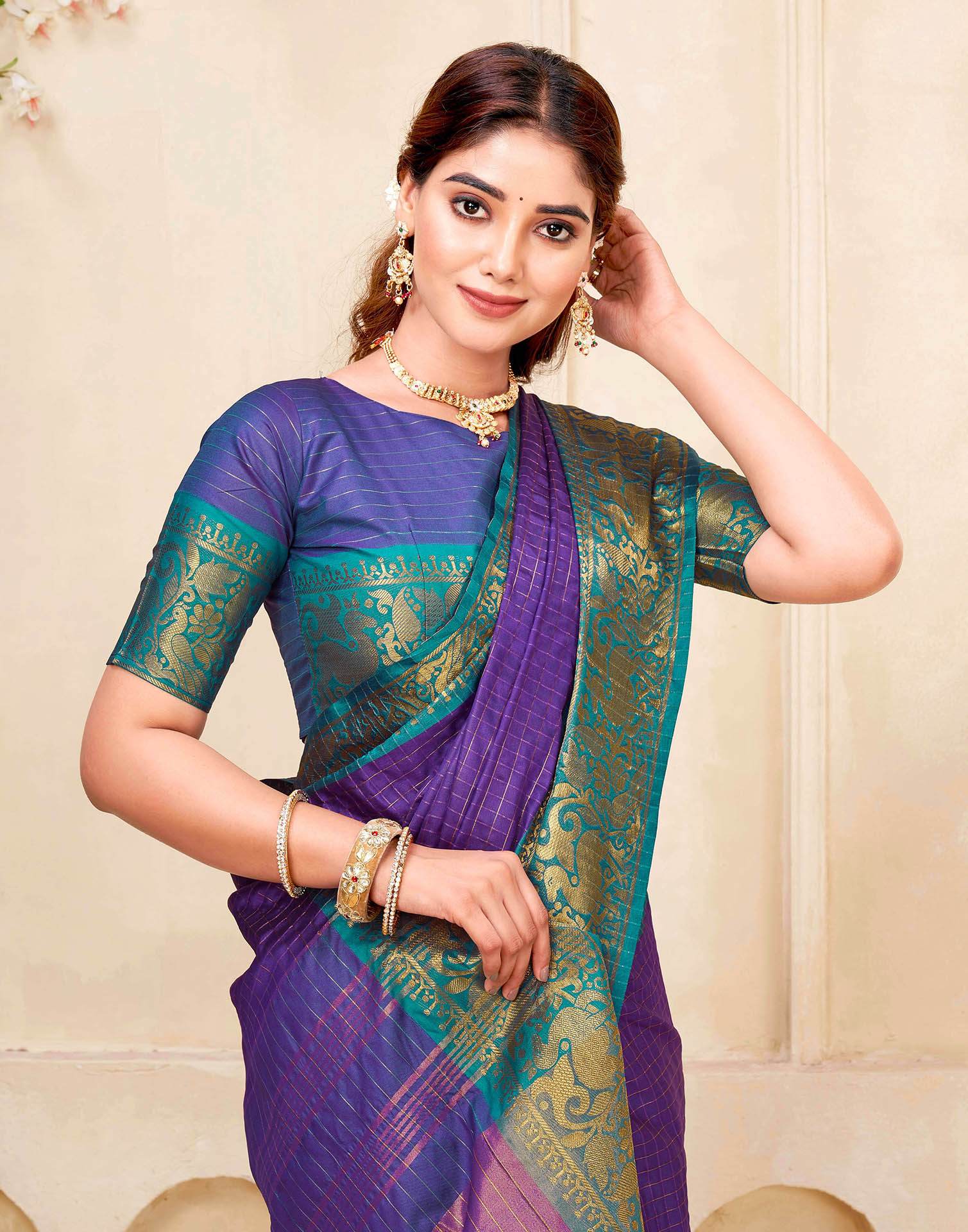 Dark Purple Silk Woven Kanjivaram Saree