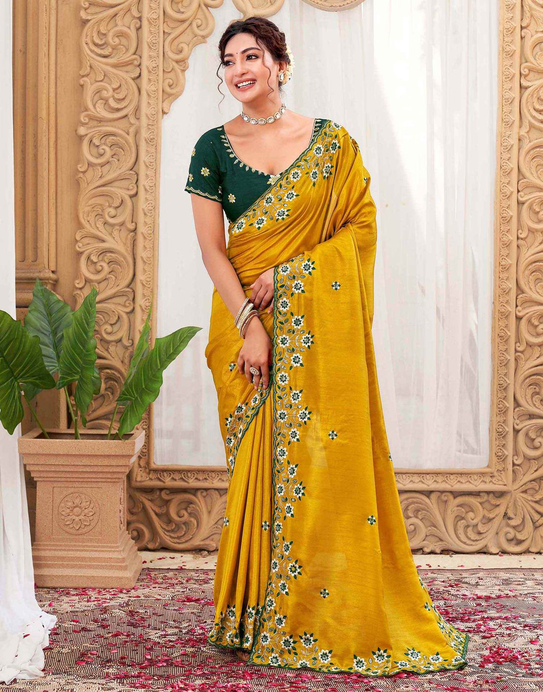 Mustard Yellow Silk Sequence Embroidery Saree