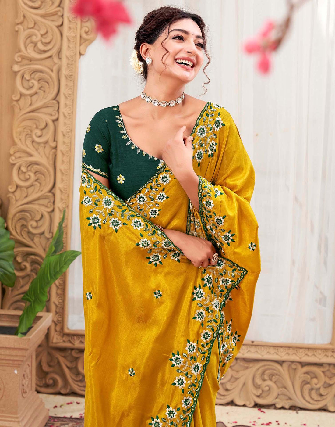Mustard Yellow Silk Sequence Embroidery Saree