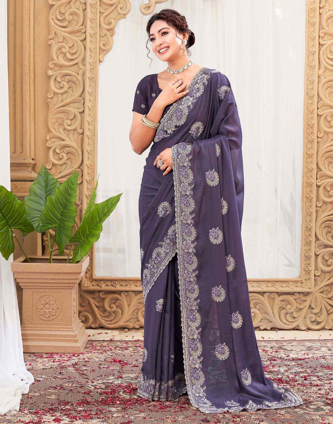 Plum Purple Silk Sequence Embroidery Saree