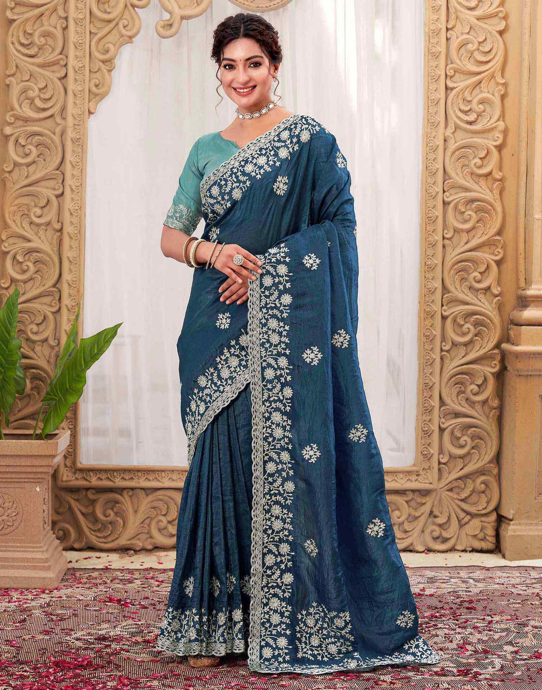 Rama Blue Organza Embroidery Saree