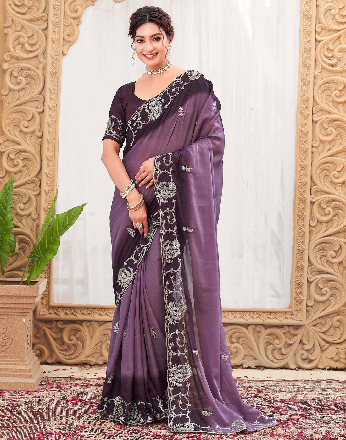 Plum Purple Silk Embroidery Saree