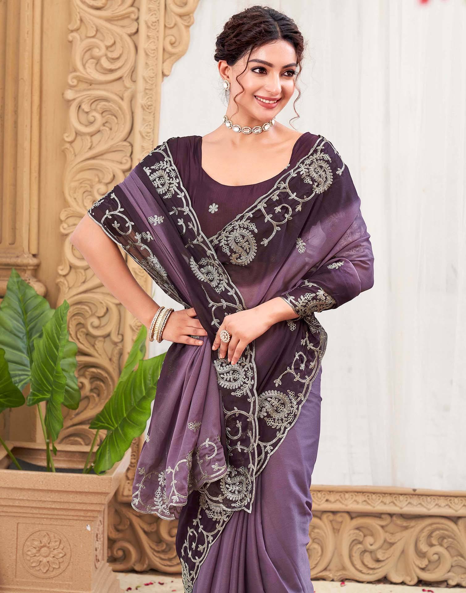 Plum Purple Silk Embroidery Saree