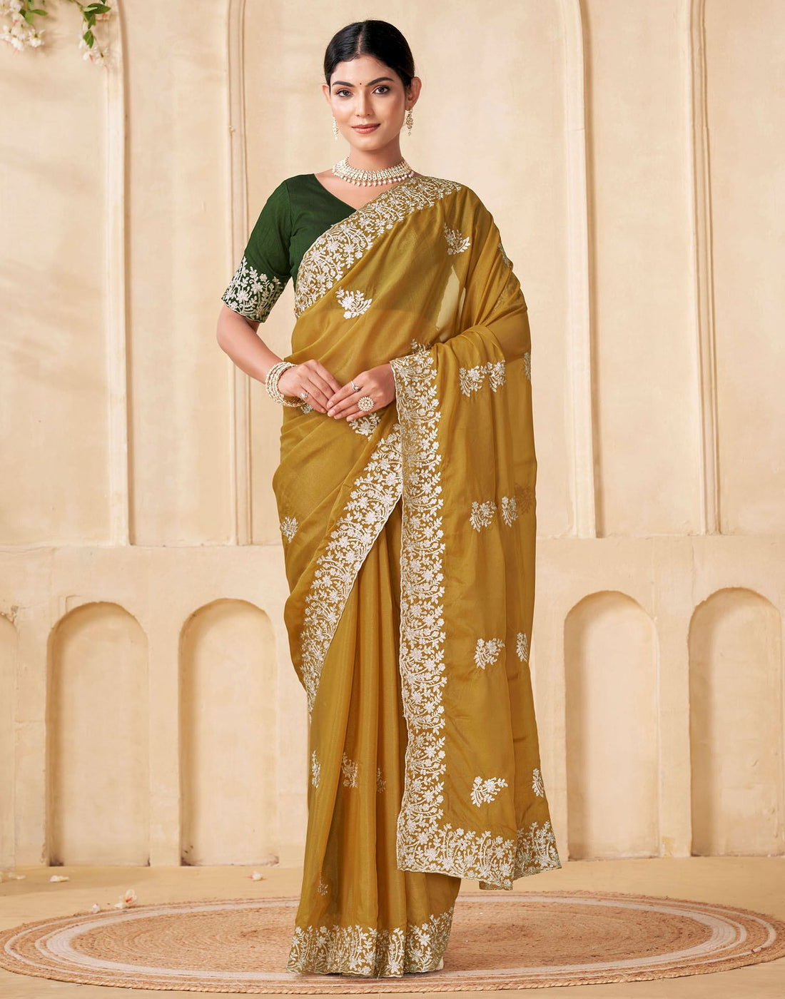 Mustard Yellow Silk Embroidery Saree