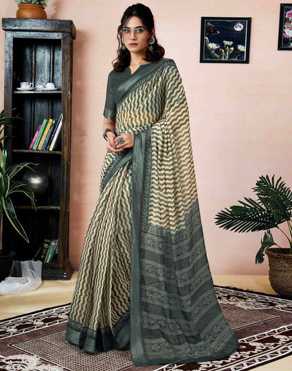 Ready to Wear Beige Linen Printed Saree With Pocket