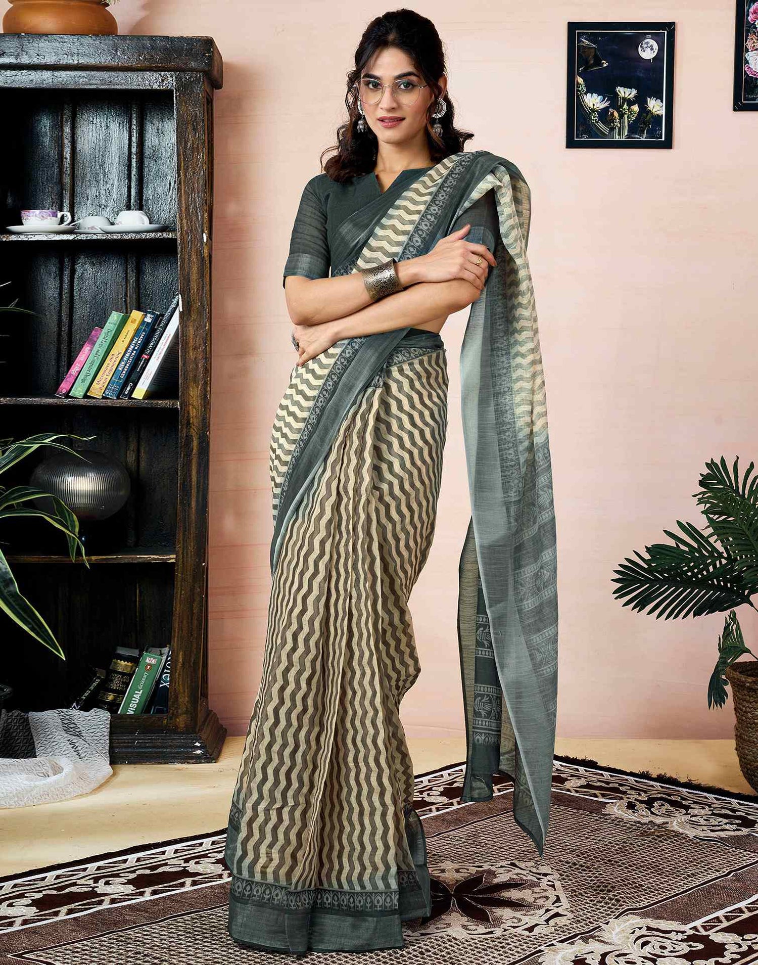 Ready to Wear Beige Linen Printed Saree With Pocket