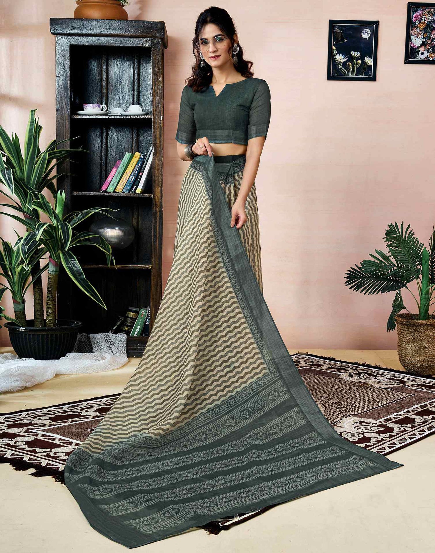 Ready to Wear Beige Linen Printed Saree With Pocket
