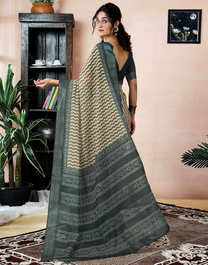 Ready to Wear Beige Linen Printed Saree With Pocket