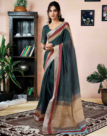 Ready To Wear Dark Grey Linen Printed Saree With Pocket