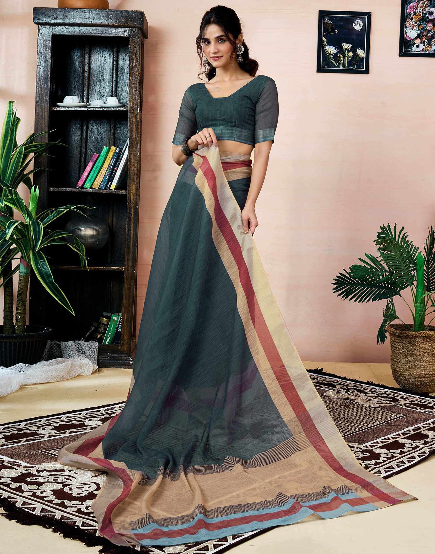 Ready To Wear Dark Grey Linen Printed Saree With Pocket